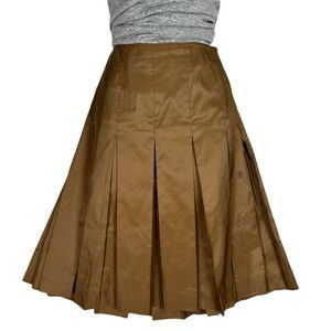 PER SE Brown Gold Pleated Skirt Size 2 High Rise Satin Silk Academia Knee Length
